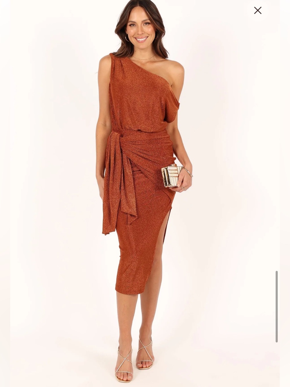 Petal & Pup Santiago Off Shoulder Midi Dress in Bronze Metallic Cowl Neck Sz: XL